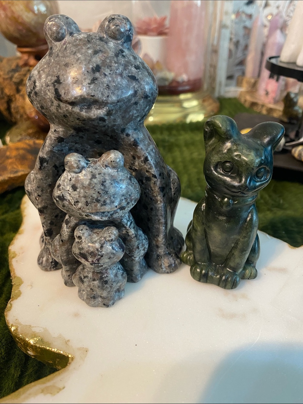 Reserved for @pbieds Stone Frog Family Figurines with Green Cat Sculpture